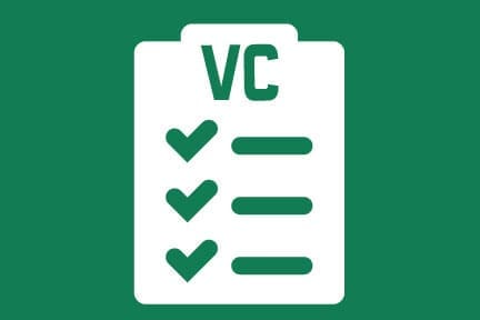 Illustration of a white clipboard with the letters VC at the top, featuring three check marks and lines on a green background.