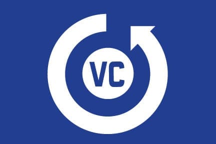 White circular arrow surrounding VC on a blue background.